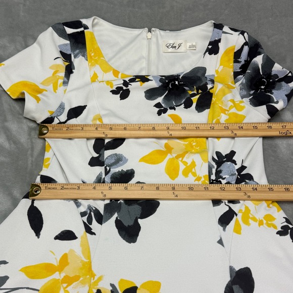 Eliza J Floral Flare Dress Yellow Black White Square Neck Short Sleeve Size 8 - Picture 5 of 7